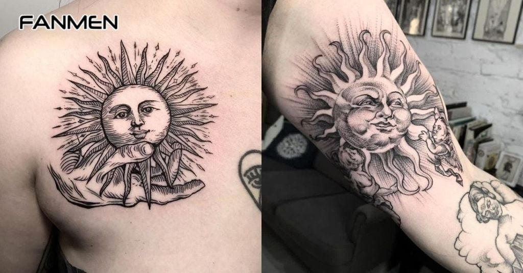 Mẫu hình xăm mặt trời kết hợp với các biểu tượng khác 8