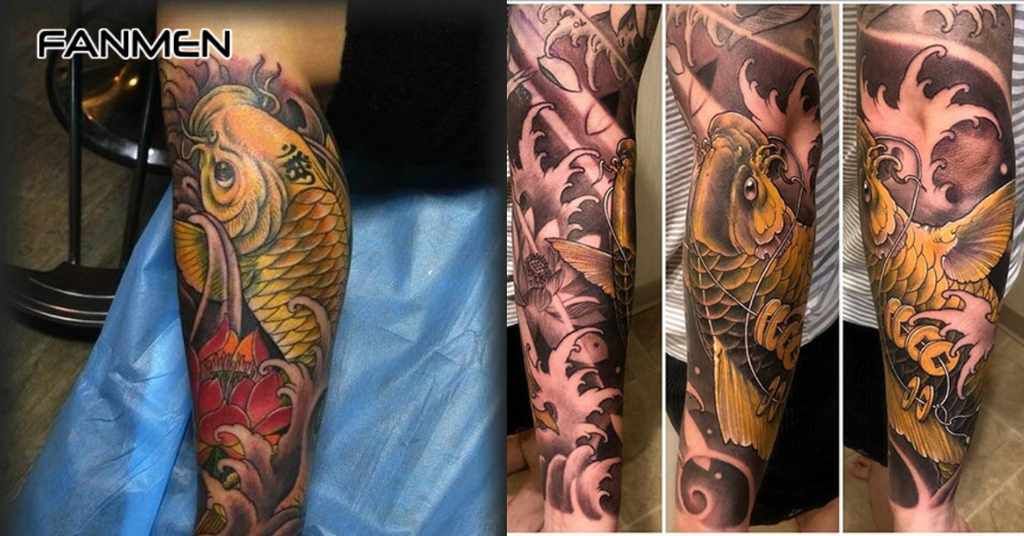 Hình xăm cá chép ở chân màu vàng 2