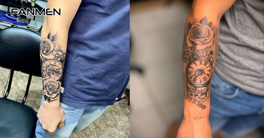 Hình xăm đồng hồ hoa hồng cho nam 2