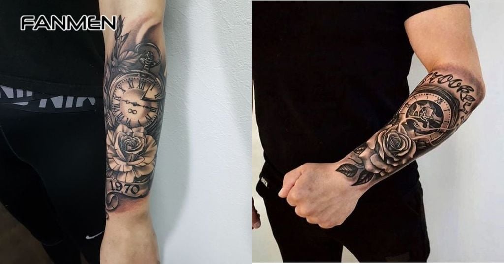 Hình xăm đồng hồ hoa hồng cho nam 3