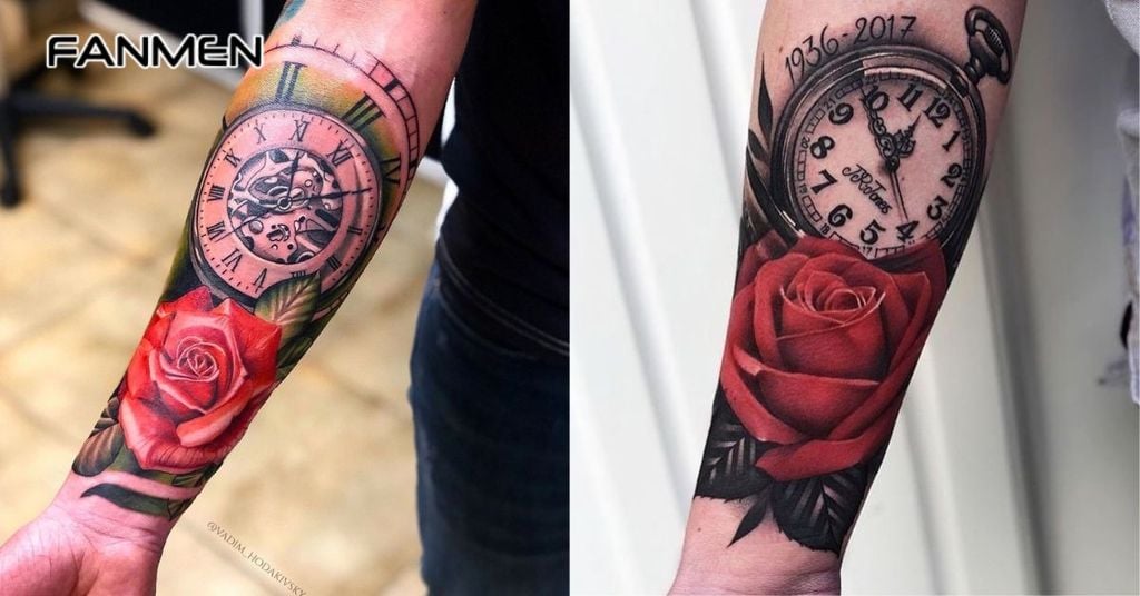 Hình xăm đồng hồ hoa hồng cho nam 5