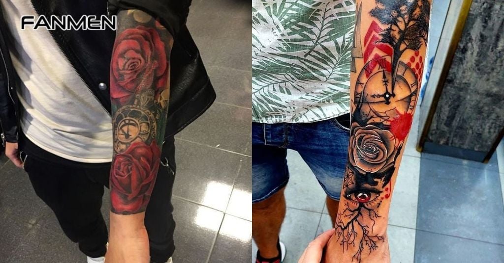 Hình xăm đồng hồ hoa hồng cho nam 6