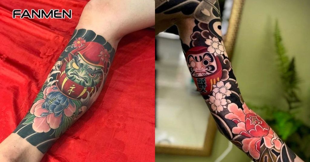 Hình xăm hoa mẫu đơn và Daruma 1