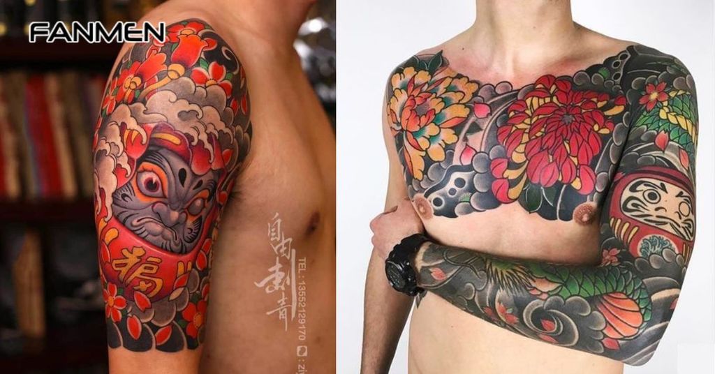 Hình xăm hoa mẫu đơn và Daruma 2