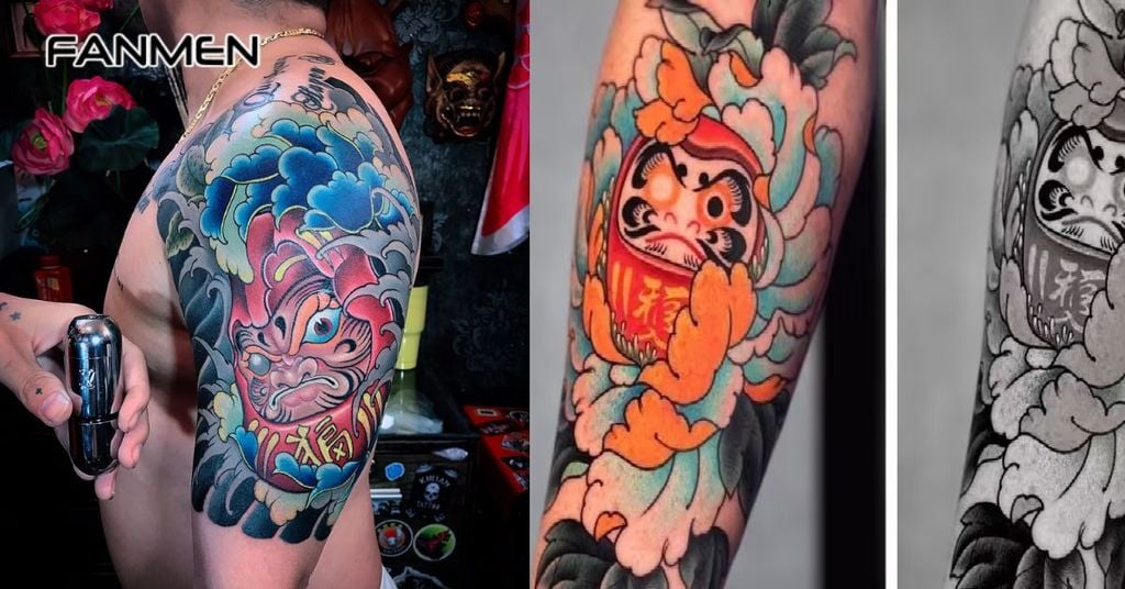 Hình xăm hoa mẫu đơn và Daruma 3