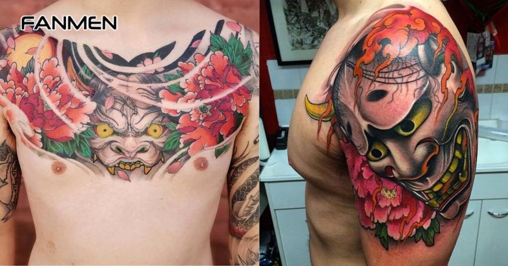 Hình xăm hoa mẫu đơn và mặt quỷ 2