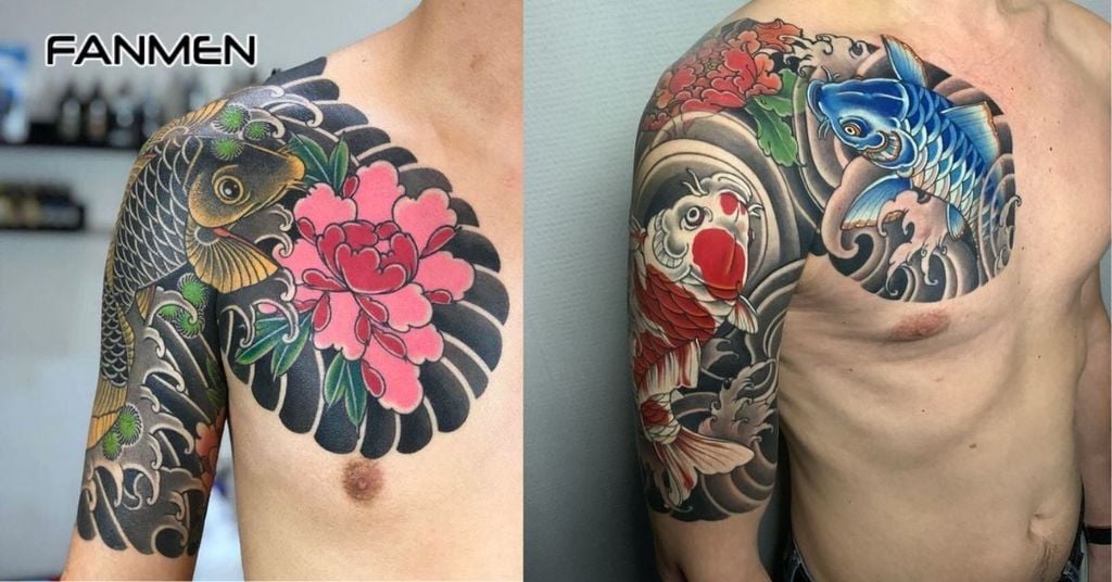 Hình xăm hoa mẫu đơn cá chép 2