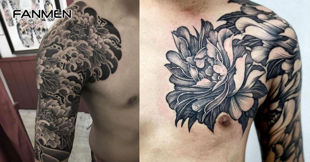 Hình xăm hoa mẫu đơn đen trắng 10