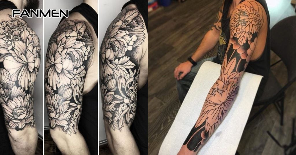 Hình xăm hoa mẫu đơn đen trắng 6