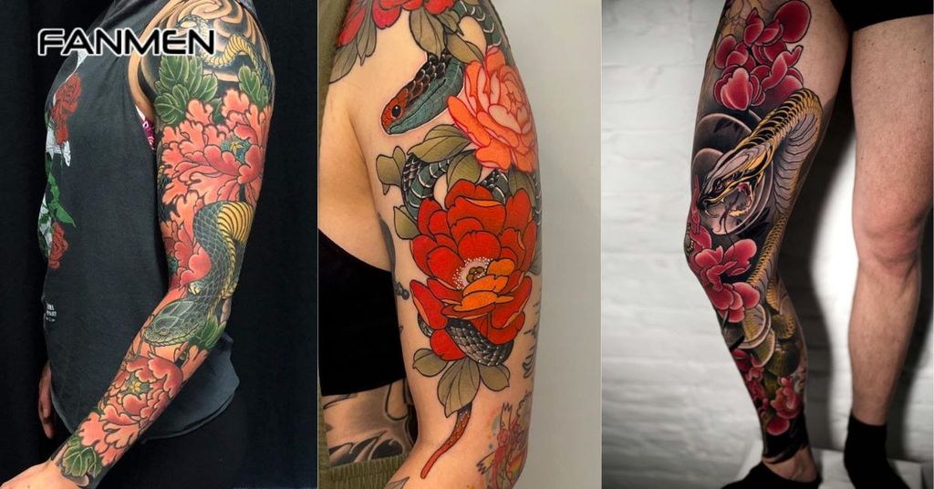 Hình xăm hoa mẫu đơn và rắn 1