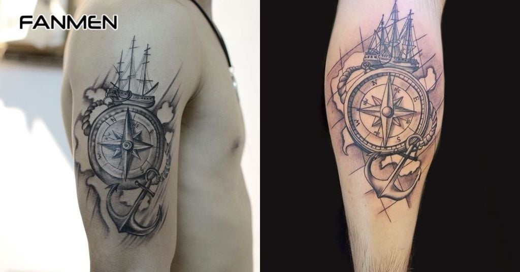 Hình xăm la bàn đen trắng 7