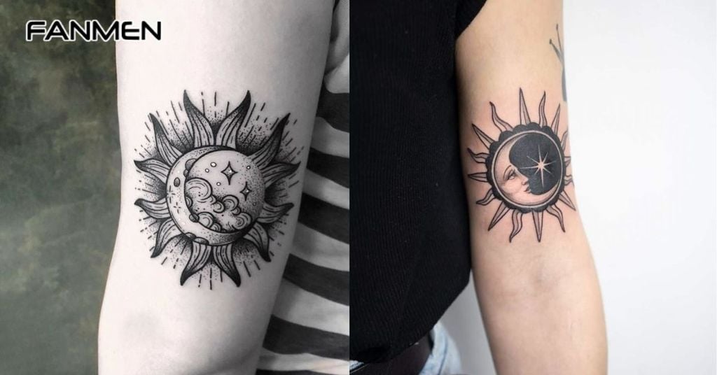 Mẫu hình xăm mặt trời kết hợp với mặt trăng cho nam 8