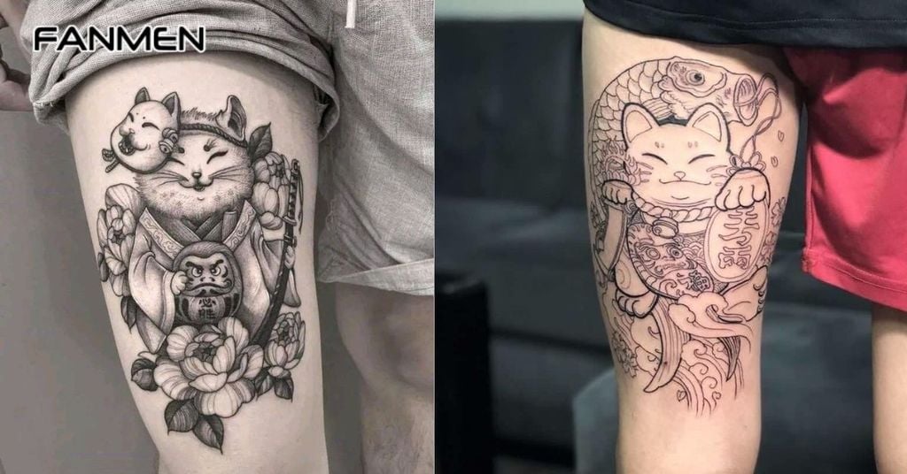 Hình xăm Mèo Thần Tài kết hợp yếu tố Nhật Bản 5