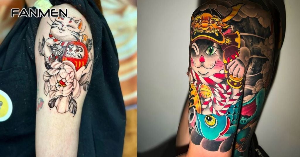 Hình xăm Mèo Thần Tài kết hợp yếu tố Nhật Bản 6